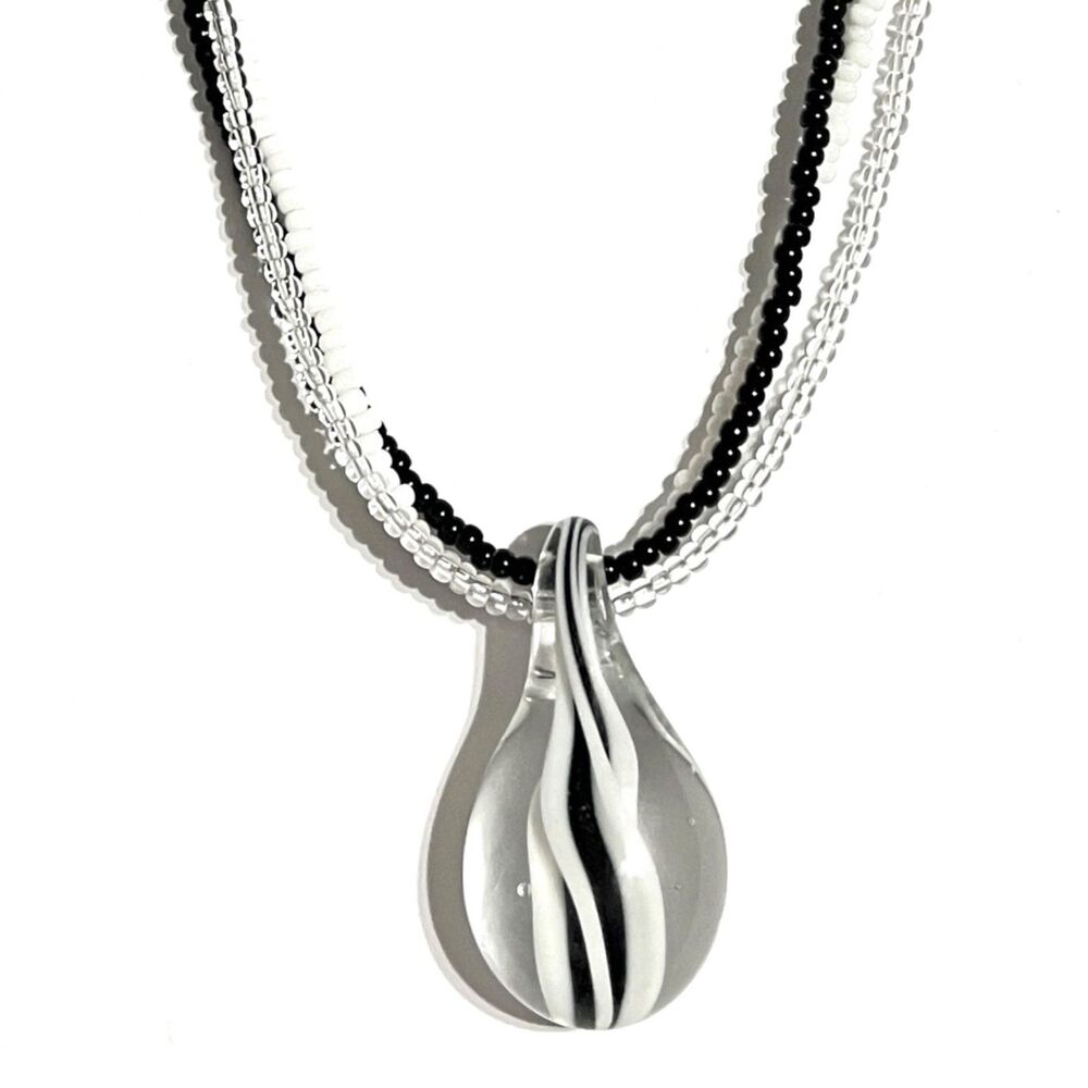 Handmade Art Glass Teardrop Pendant Necklace Black White Multi Strand Beaded